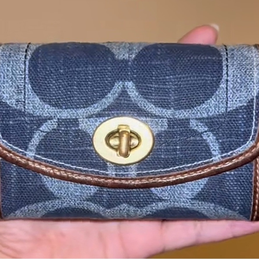 Signature Printed Canvas Turnlock Wallet in Navy and Brown